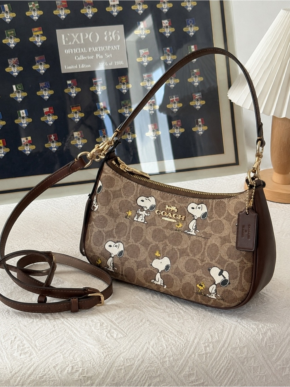 Coach Brown Signature Canvas Snoopy Crossbody Shoulder Bag